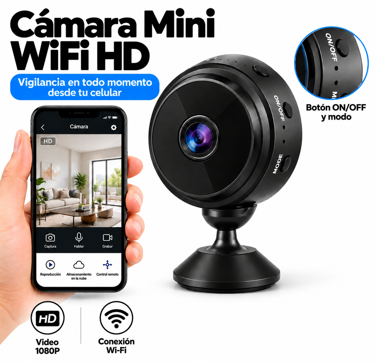 Mini cámara de vigilancia wifi con su soporte correspondiente