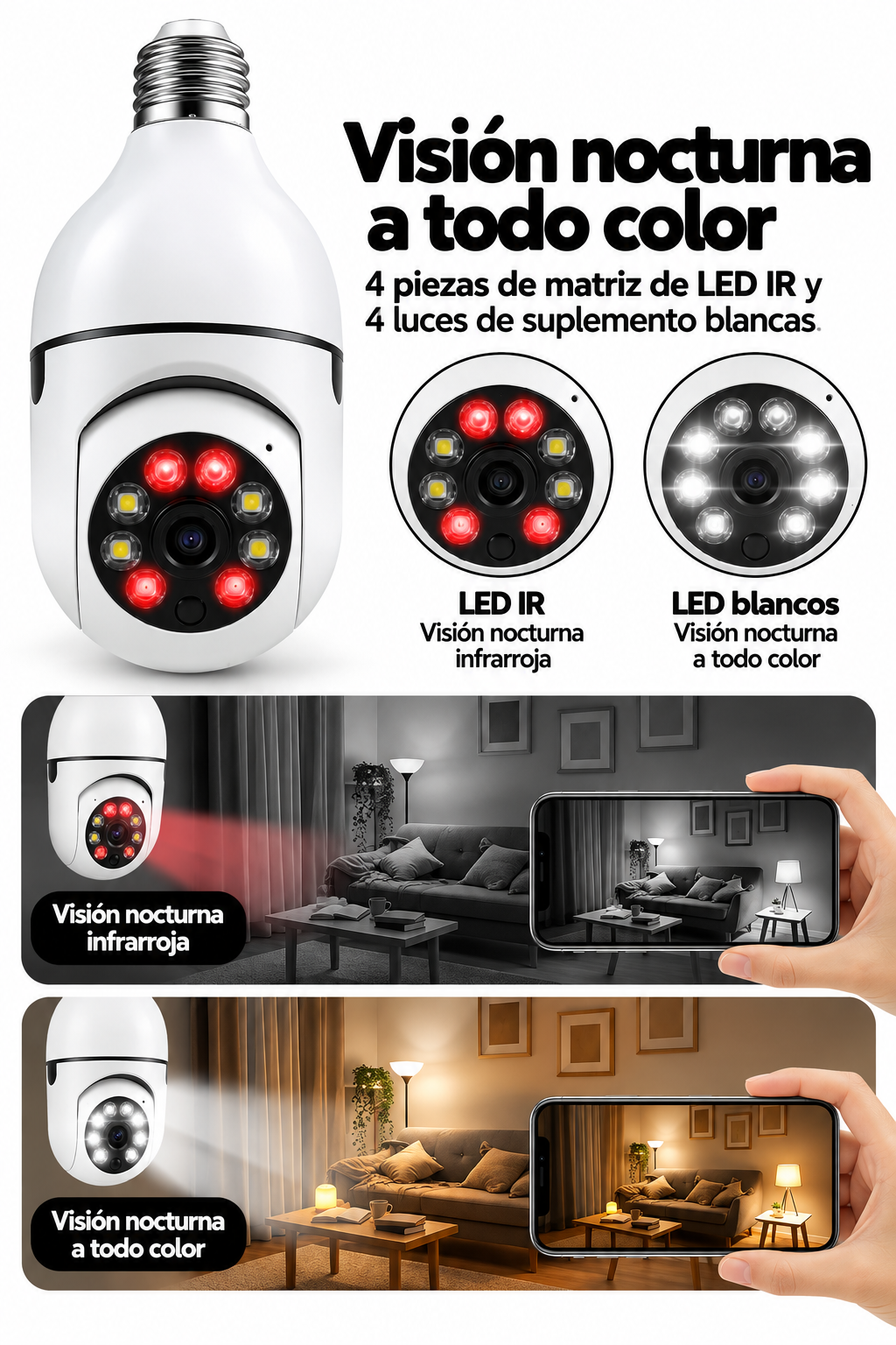 Camara foco 360 grados con visión nocturna y luz integrada
