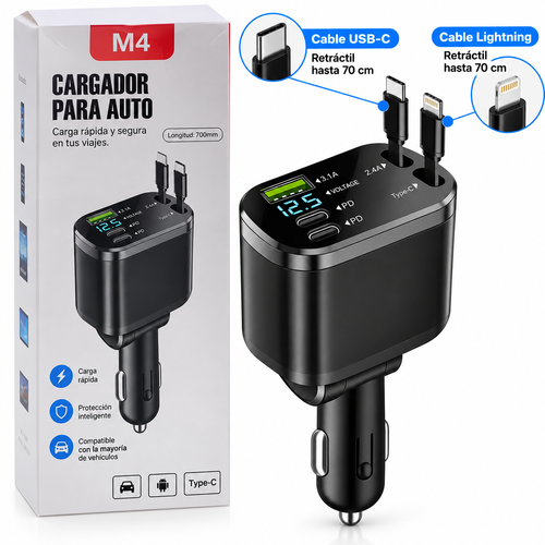 Presentación del cargador de carga rápida con muestra de los cables retráctiles que incluye