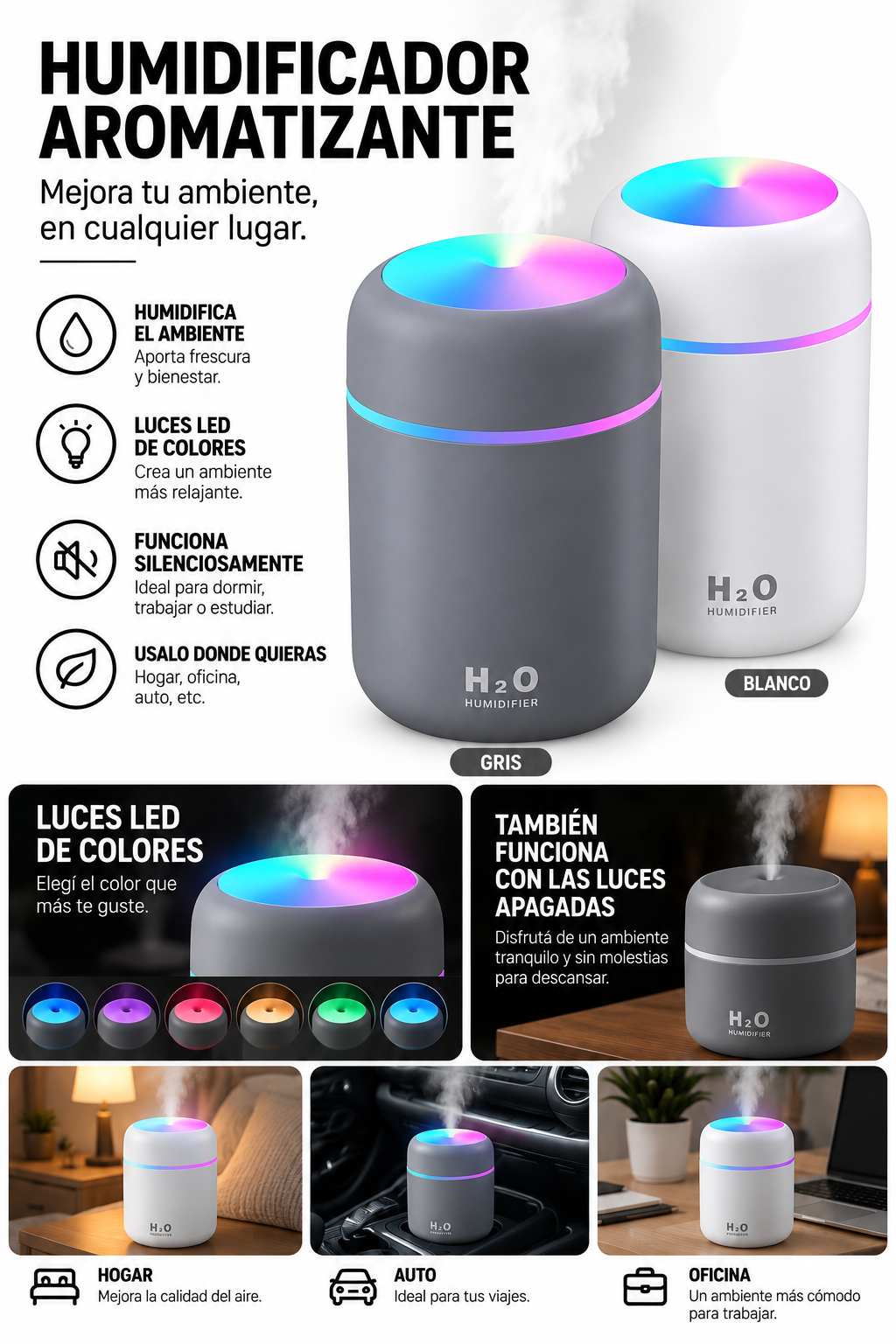Humidificador atomatizante en todas sus versiones y colores disponibles