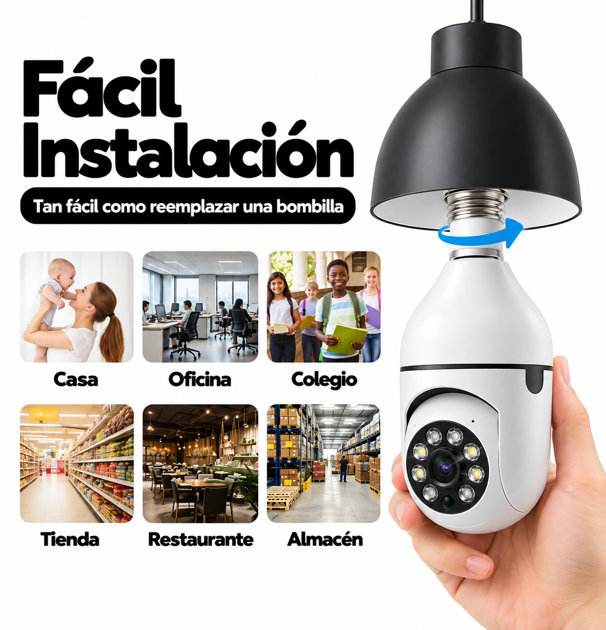 Camara foco de vigilancia 360 grados con fácil colocación