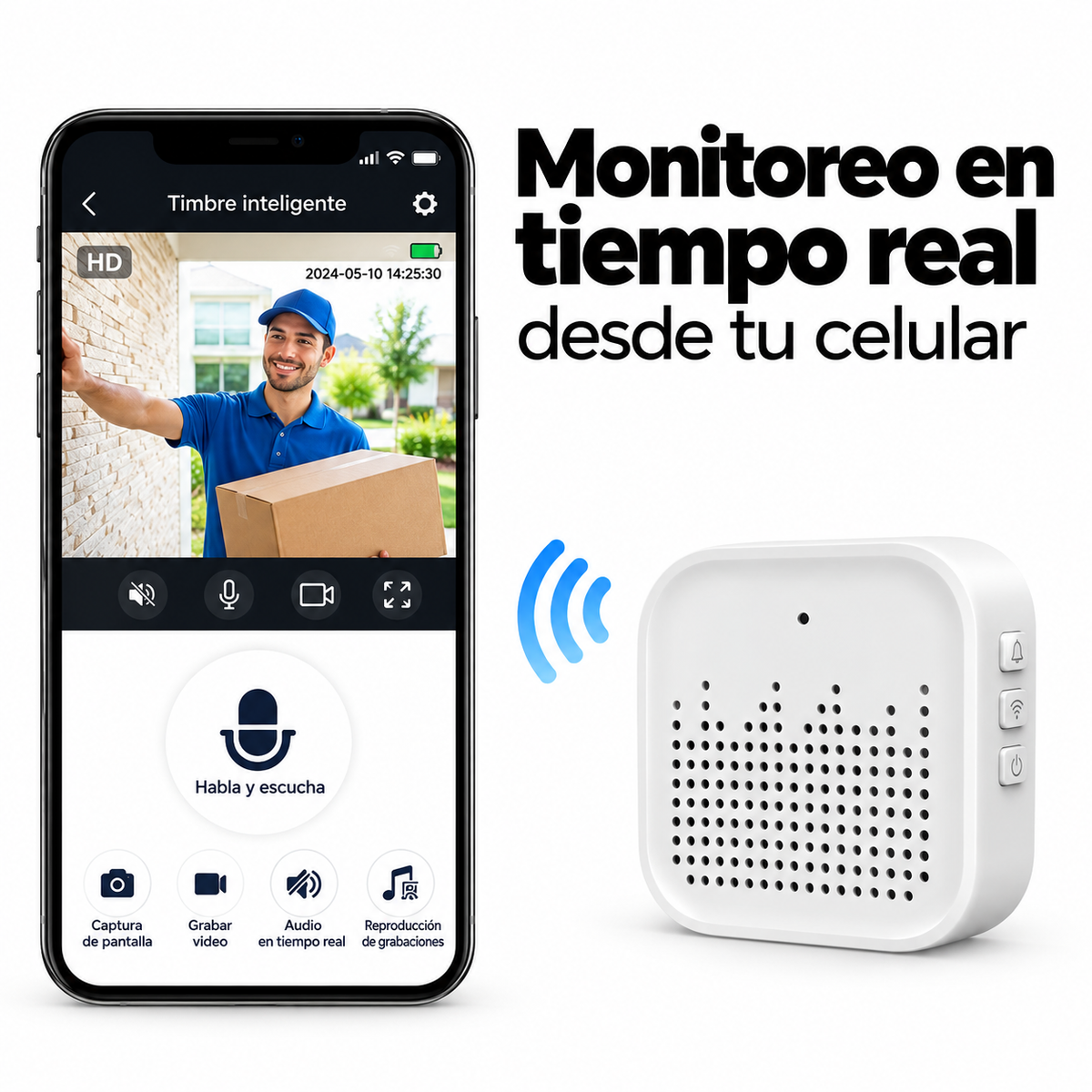 Características del timbre inteligente con wifi. Mostrando cámara, audio y audio bidireccional
