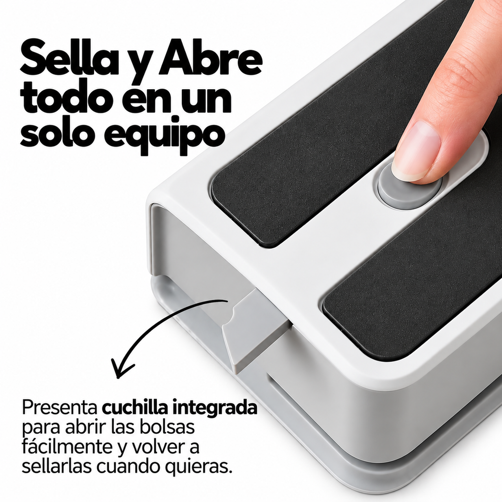 Sellador de bolsas mostrando que incluye un cortador para poder abrir cualquier cosa que hayas sellado con el