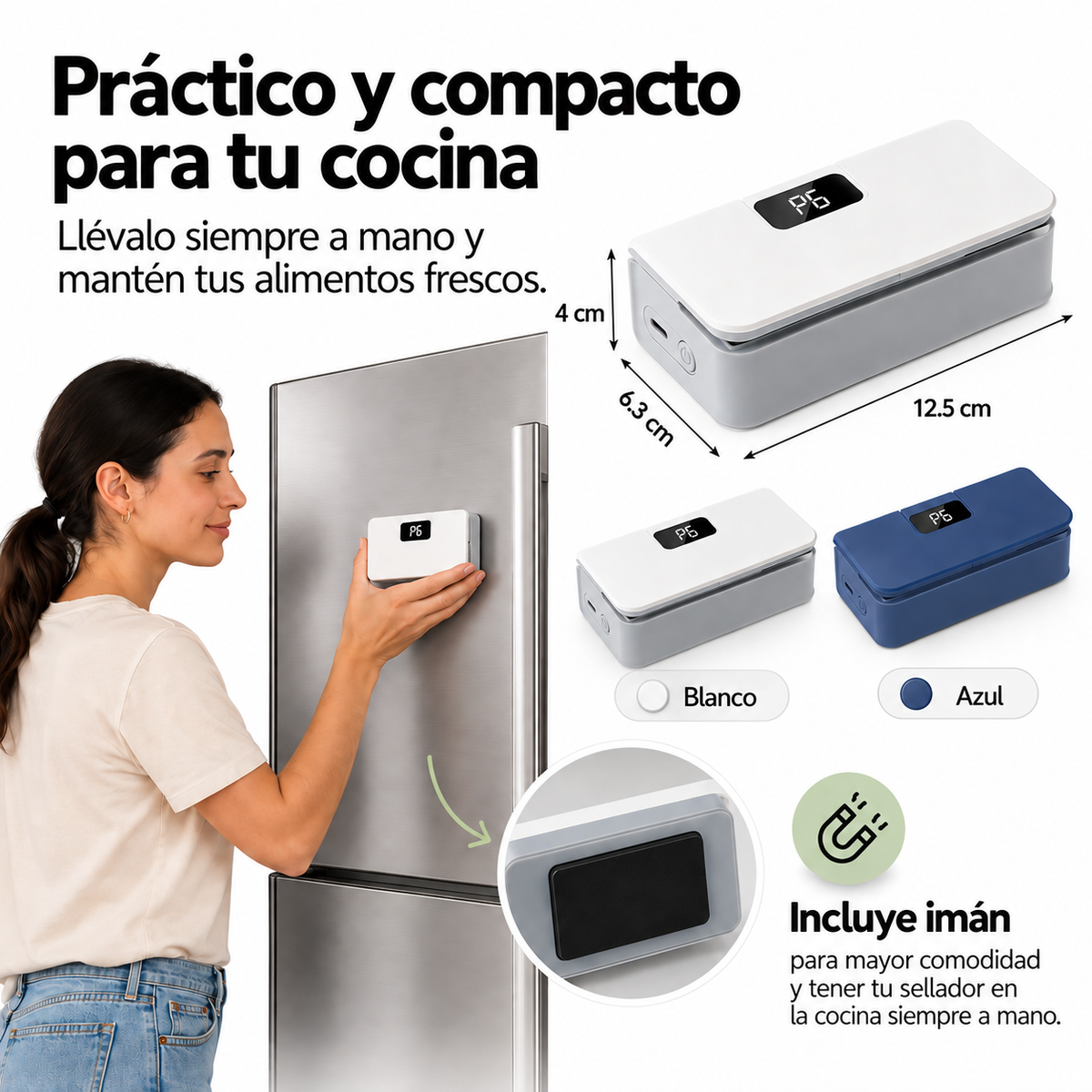 Sellador de bolsas de alimento moistrando sus medidas y que incluye un imán para poder colocarlo en cualquier superficie metálica