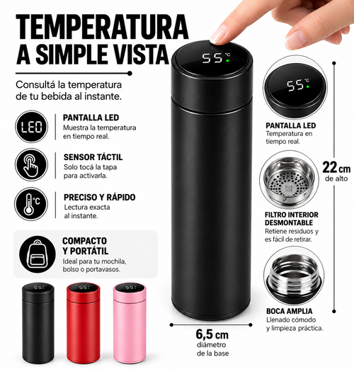 Botella térmica inteligente mostrando sus medidas y características